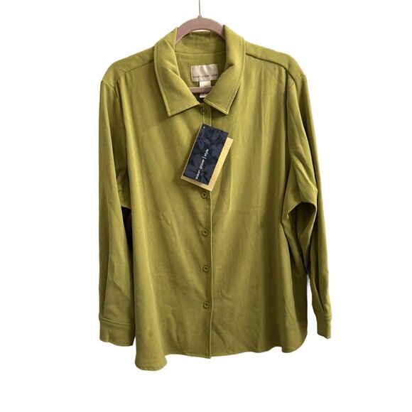 Susan Graver Women’s Green Long Sleeve Microsuede Button Up Top 1X Casual Career - Picture 1 of 6